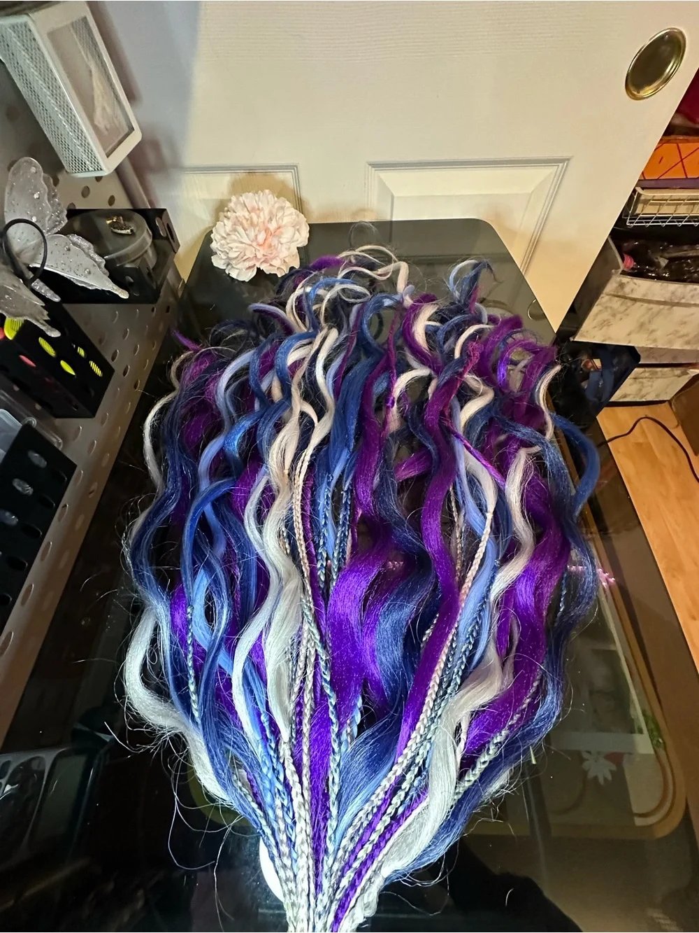 Synthetic Purple & Blue Hair Extensions with White Accents